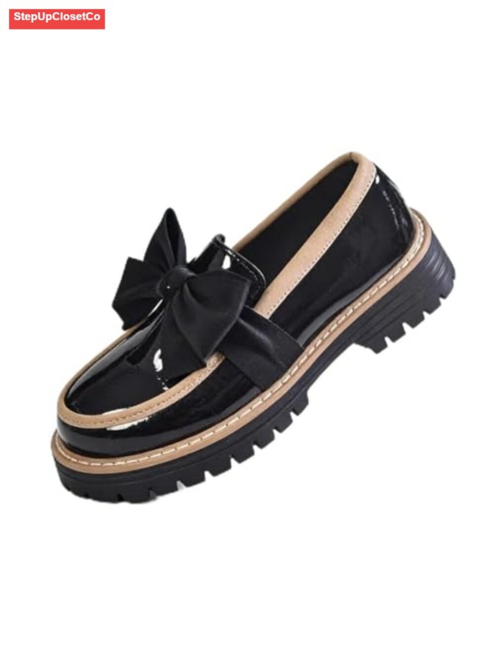 Women's Bowknot Thick Sole Loafers, Chunky Heel Lug Sole, Slip-On Patent